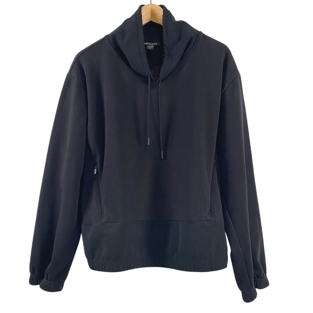 Athleta Womens Triumph Hybrid Funnel Neck Sweatshirt sz L Black Athleisure Comfy